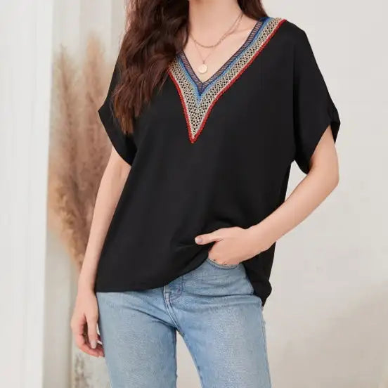 Women's Loose Fit Short Sleeved Breathable Casual Lace V-neck Shirt Top Lootquake LLC  Techno geeks