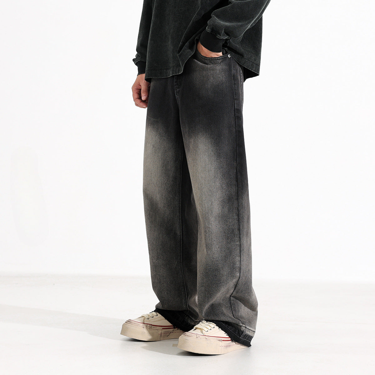 American-style Heavy Washed Black And Gray Straight Jeans Men's Loose Wide Leg Casual Trousers Lootquake LLC  Techno geeks