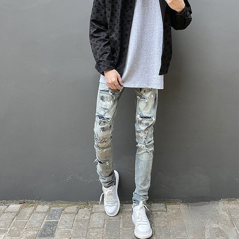 Handmade Splash-ink Blue Diamond Ripped Jeans Lootquake LLC  Techno geeks