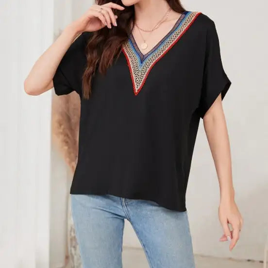 Women's Loose Fit Short Sleeved Breathable Casual Lace V-neck Shirt Top Lootquake LLC  Techno geeks