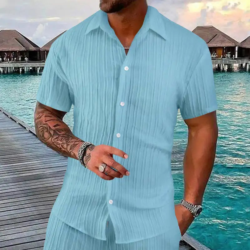 Polo Collar Solid Color Short Sleeve Button Men's Casual Loose Short Sleeves Shirt Lootquake LLC  Techno geeks