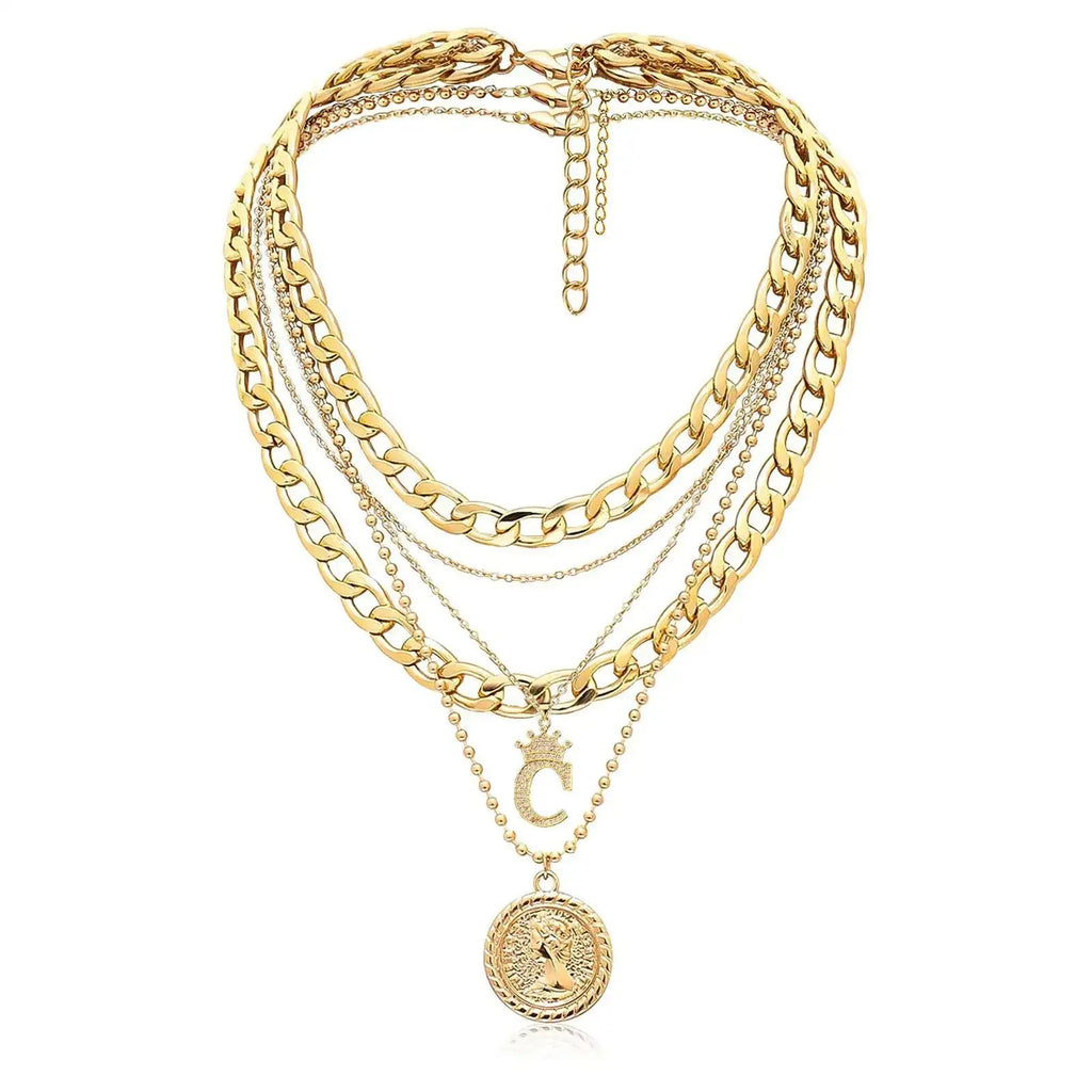 MJartoria Gold Layered Necklaces for Women Trendy Retro Coin Crown Letter Pendant Necklace Dainty Chunky Chain Choker Necklaces for Jewelry Birthday Gifts (Gold C) Lootquake LLC  Techno geeks