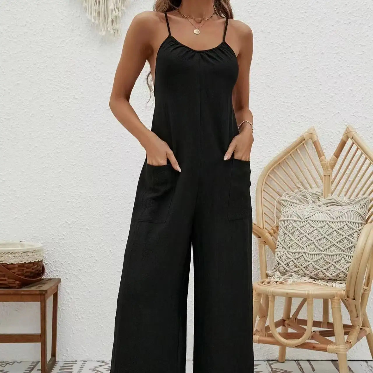Ladies' Cross Leisure Vacation Lazy Backless Wide Leg Pants Camisole Skirt Jumpsuit Lootquake LLC  Techno geeks