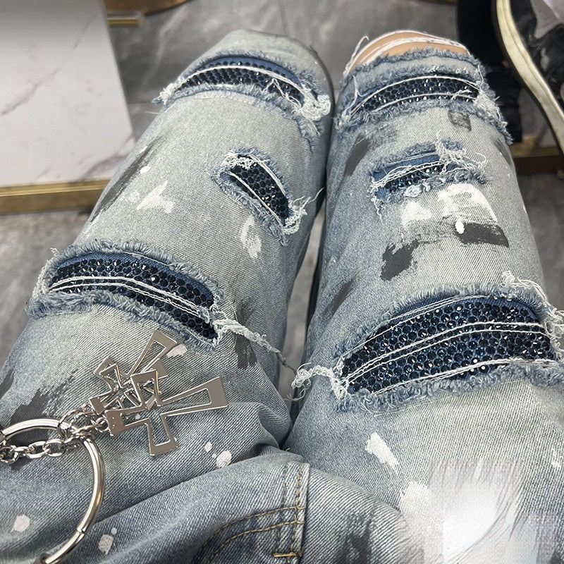 Handmade Splash-ink Blue Diamond Ripped Jeans Lootquake LLC  Techno geeks