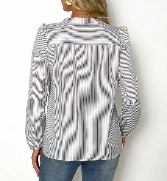 Women's Solid Color V-neck Striped Fashionable Versatile Shirt Top Lootquake LLC  Techno geeks