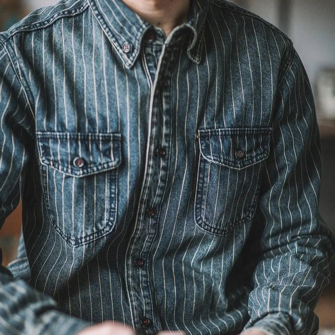 Vintage Vertical Stripes Denim Shirt Workwear Washed Old Long Sleeve Men Lootquake LLC  Techno geeks