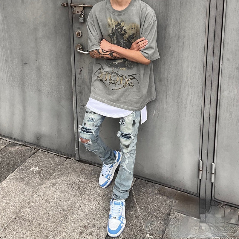 Handmade Splash-ink Blue Diamond Ripped Jeans Lootquake LLC  Techno geeks