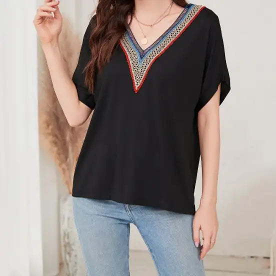 Women's Loose Fit Short Sleeved Breathable Casual Lace V-neck Shirt Top Lootquake LLC  Techno geeks