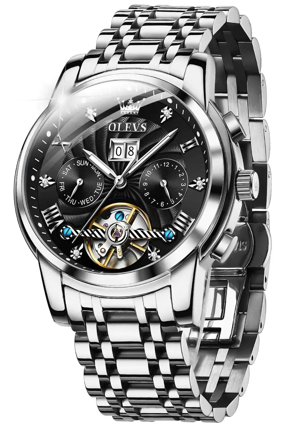 OLEVS Automatic Watches for Men Diamond Skeleton Mechanical Tourbillon Silver Black Self Winding Luxury Dress Wrist Watches Calendar Luminous Waterproof Lootquake LLC  Techno geeks