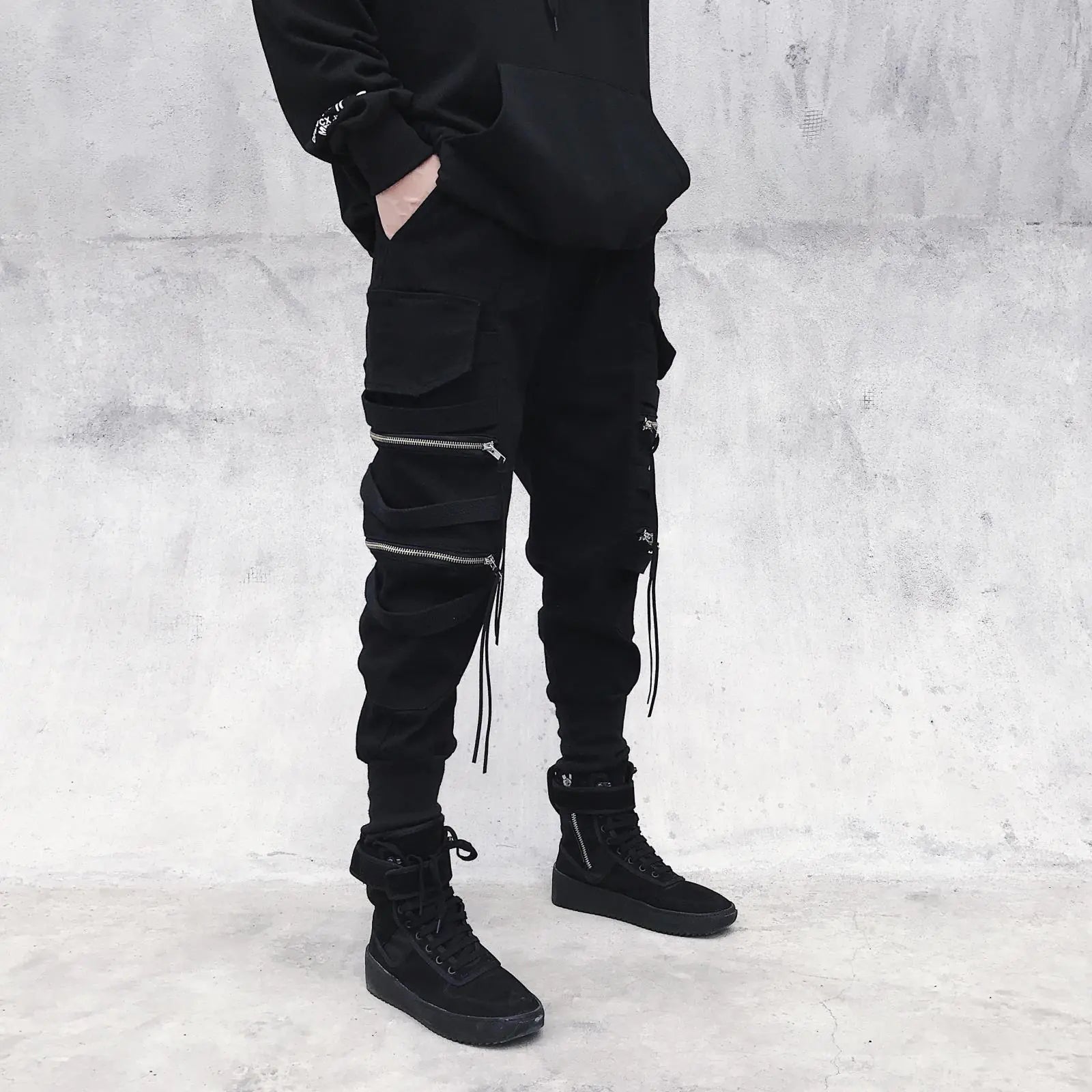 Black Harem Pants with Zippers and Multi-Pockets Techno geeks  Techno geeks
