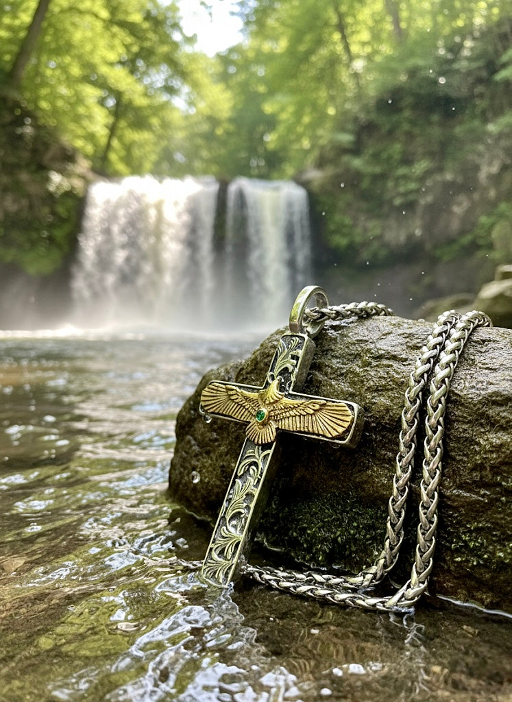 Solid Sterling Silver Eagle Cross Necklace Antiqued Western Style S925 Pendant for Men Cast Jewelry Heavy Chain Saint Michaels Jewelry  Techno geeks