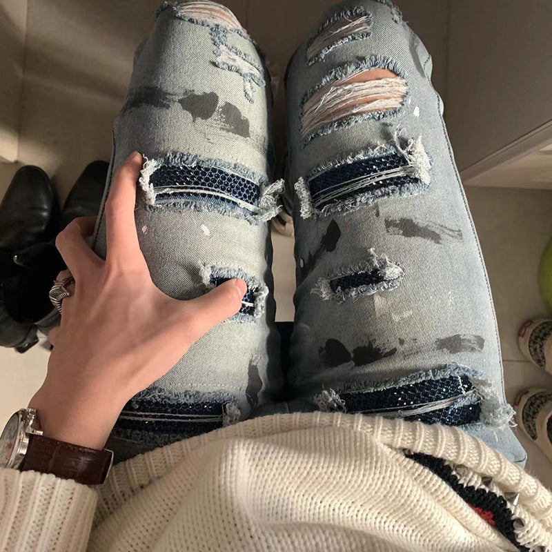 Handmade Splash-ink Blue Diamond Ripped Jeans Lootquake LLC  Techno geeks