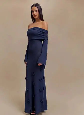 Off Shoulder Knit Rose Maxi Dress Techno geeks  Techno geeks