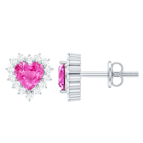 0.6 Carat Lab Grown Pink Sapphire Heart Stud Earrings with Diamond Halo Rosec Jewels  Techno geeks