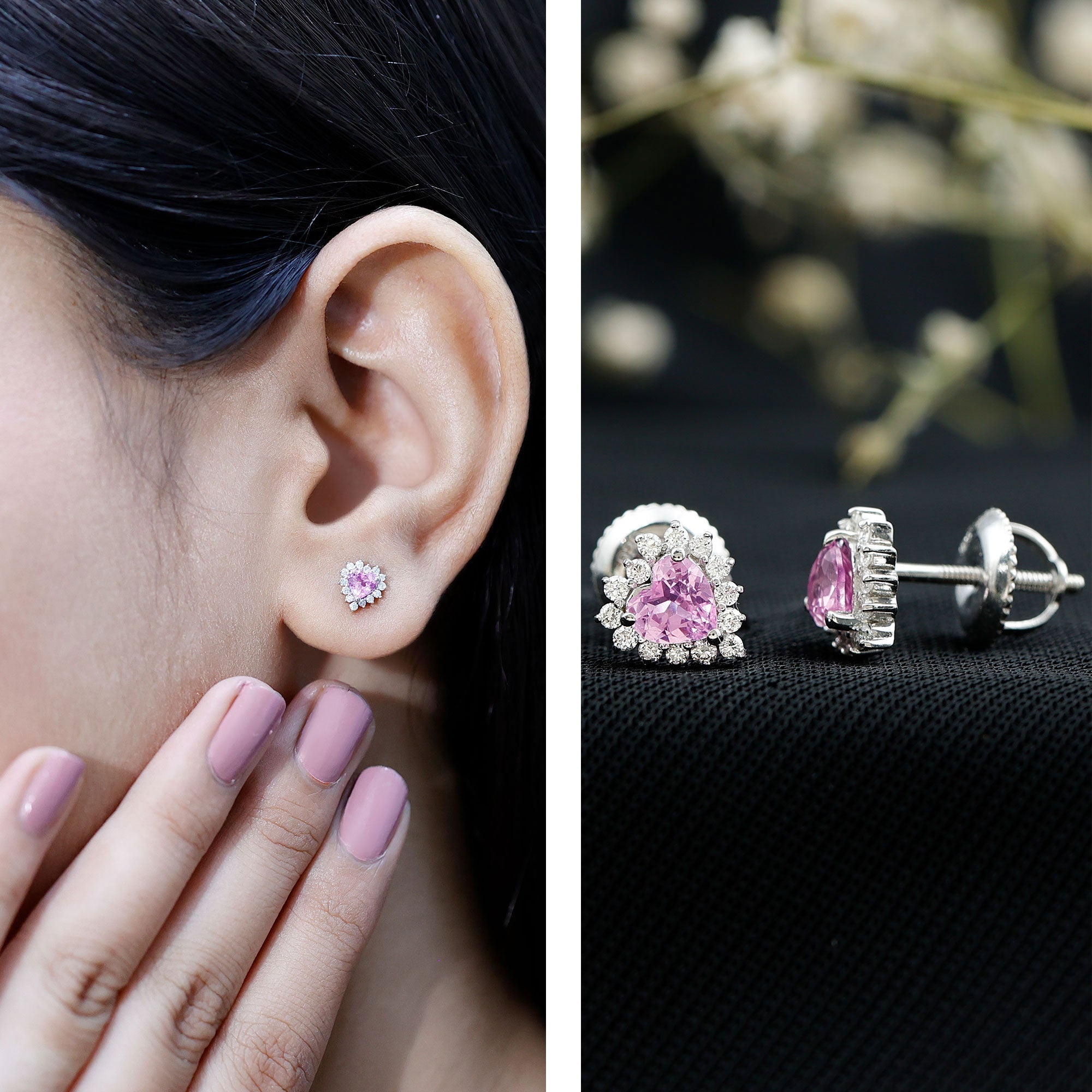 0.6 Carat Lab Grown Pink Sapphire Heart Stud Earrings with Diamond Halo Rosec Jewels  Techno geeks