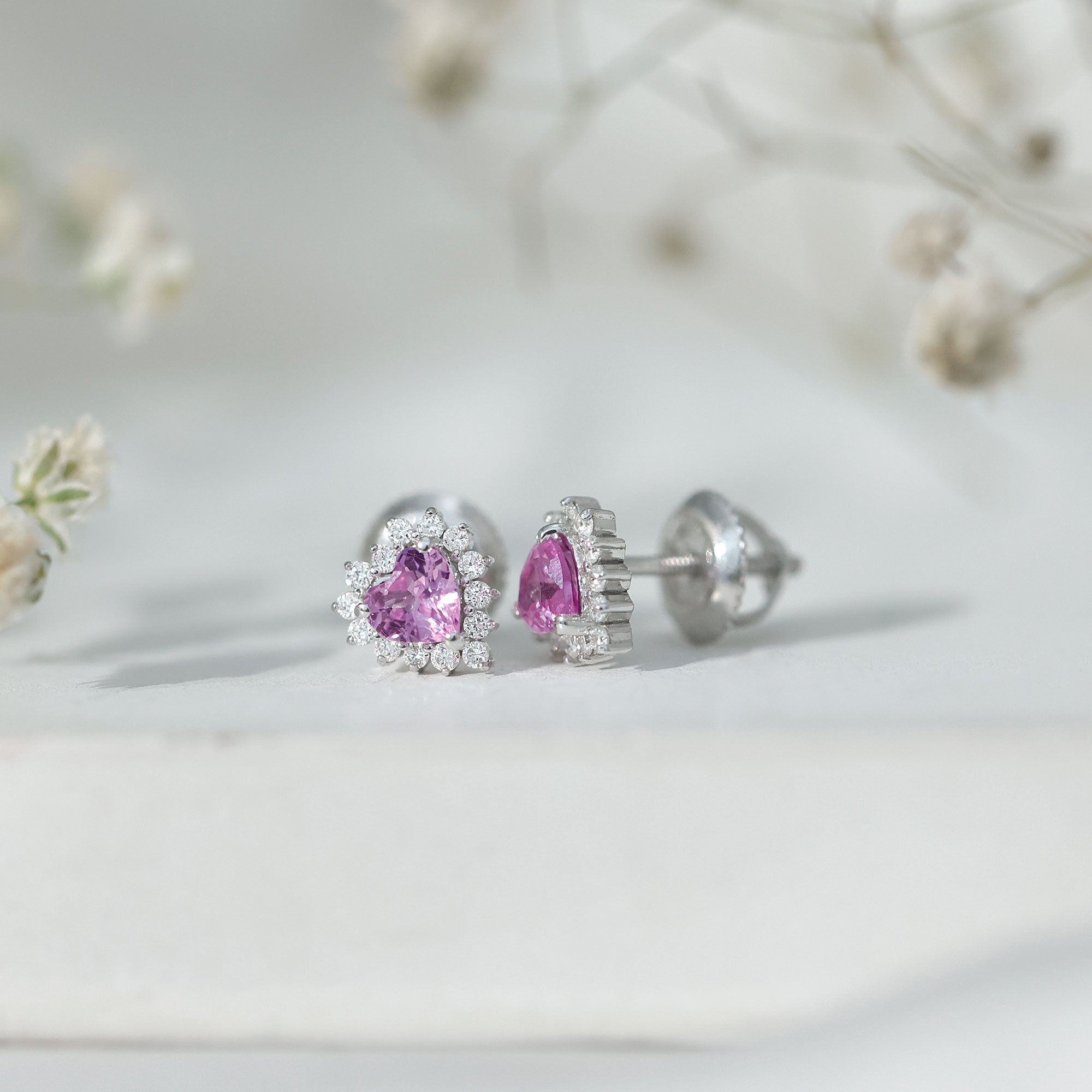 0.6 Carat Lab Grown Pink Sapphire Heart Stud Earrings with Diamond Halo Rosec Jewels  Techno geeks