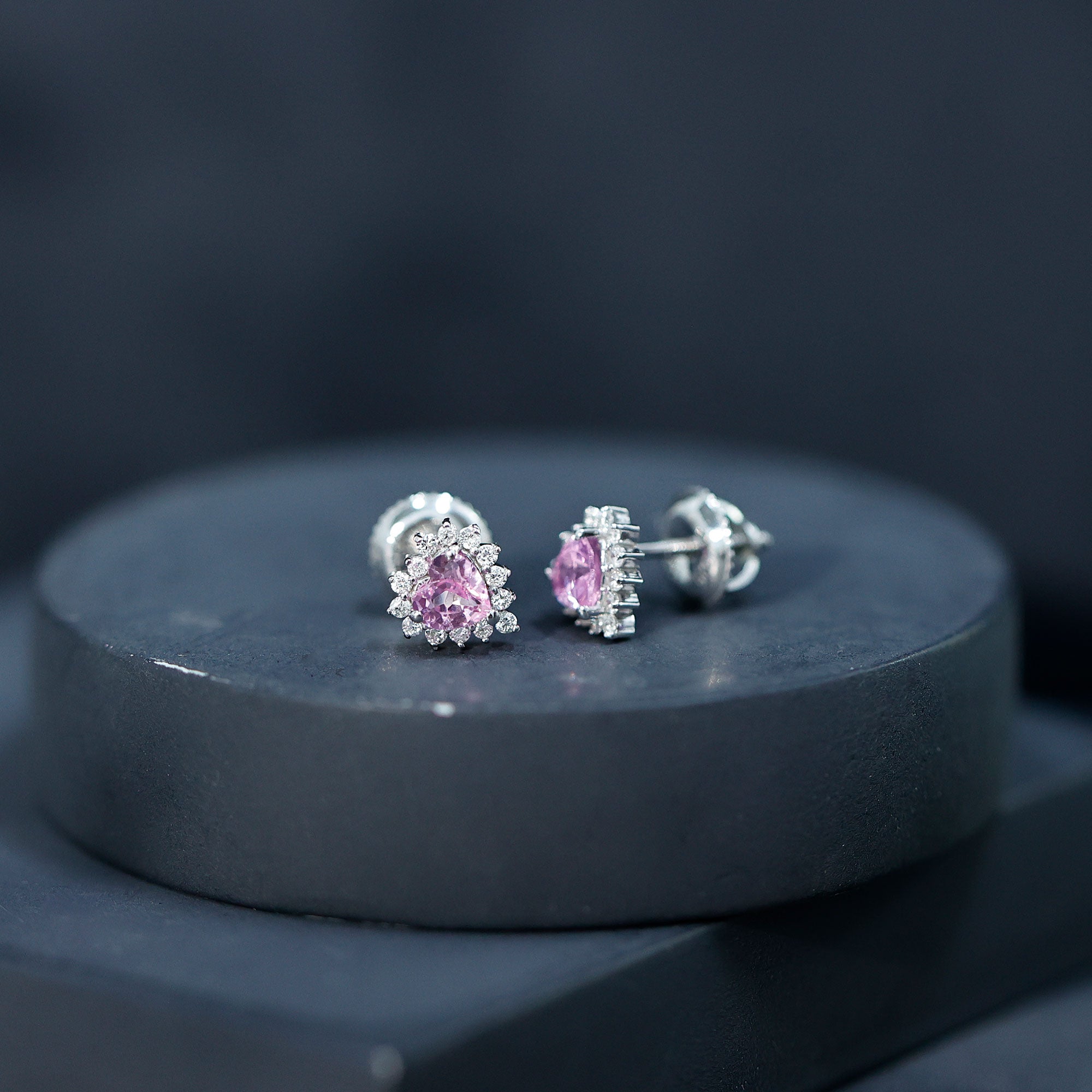 0.6 Carat Lab Grown Pink Sapphire Heart Stud Earrings with Diamond Halo Rosec Jewels  Techno geeks