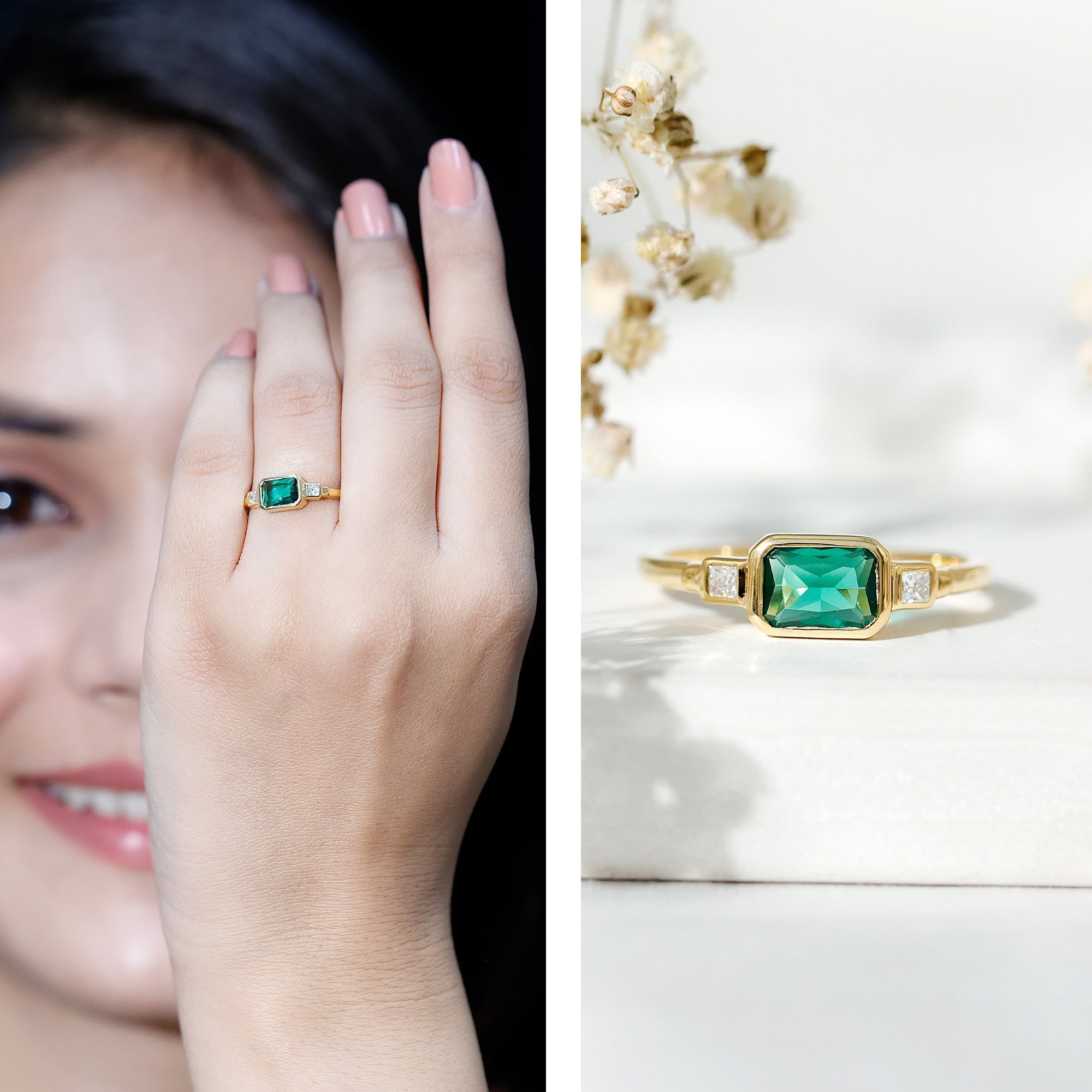 1 Carat Lab Grown Emerald 3 Stone Engagement Ring with Diamond in East West Style Rosec Jewels  Techno geeks