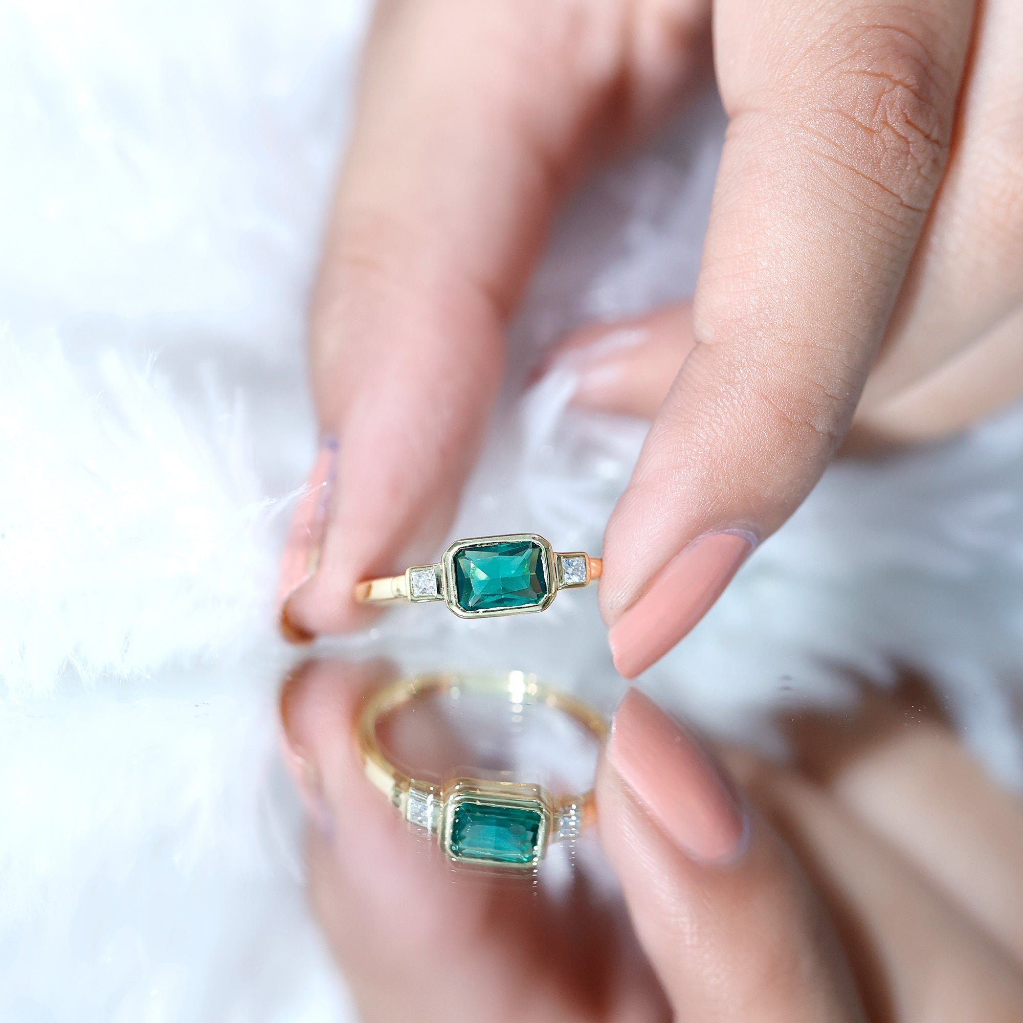 1 Carat Lab Grown Emerald 3 Stone Engagement Ring with Diamond in East West Style Rosec Jewels  Techno geeks