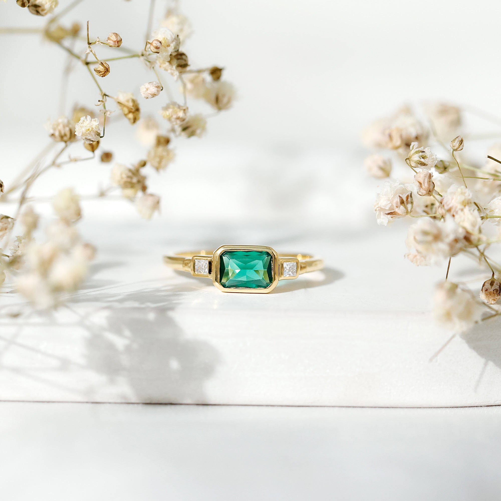 1 Carat Lab Grown Emerald 3 Stone Engagement Ring with Diamond in East West Style Rosec Jewels  Techno geeks