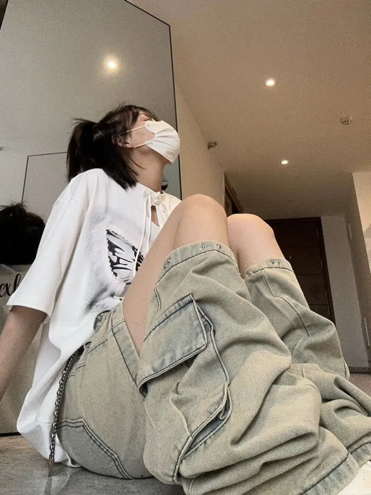 American New Detachable Design Sense Tooling Jeans Female Y2K Fashion Gothic Retro High Street Straight Small Vibe Waisted Pants Lootquake LLC  Techno geeks