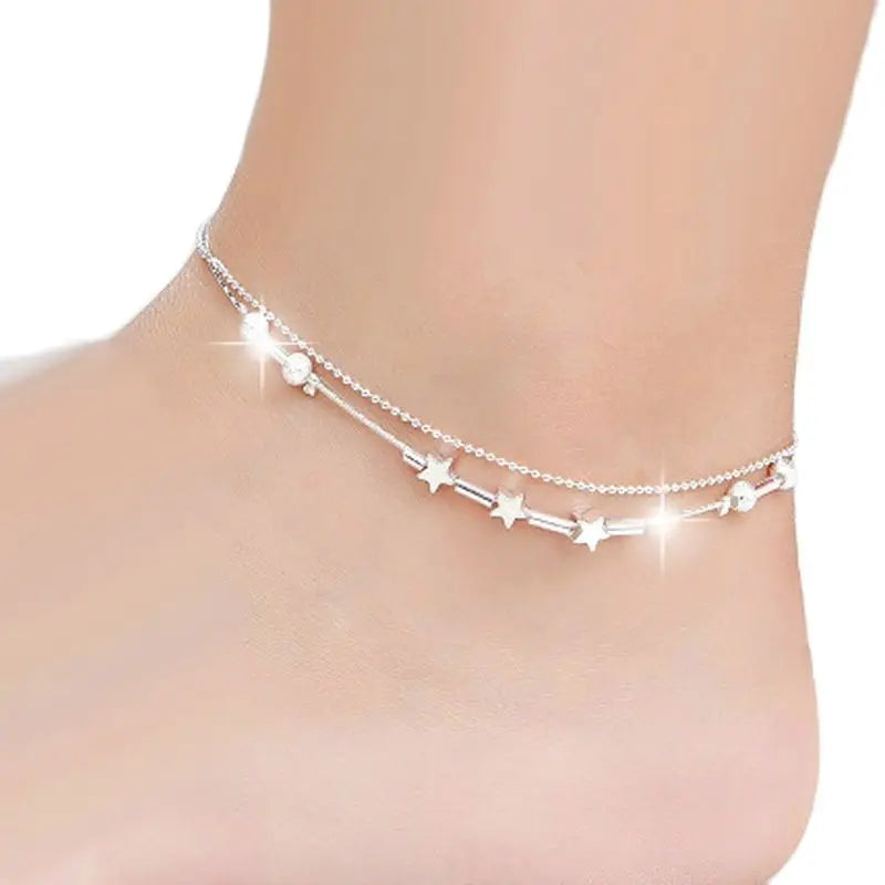 Silver color Stars Anklet Double Layer plated Charms Ankle Bracelet Jewellery Anklets For Women Foot Jewelry Love 2023 new hot Lootquake LLC  Techno geeks