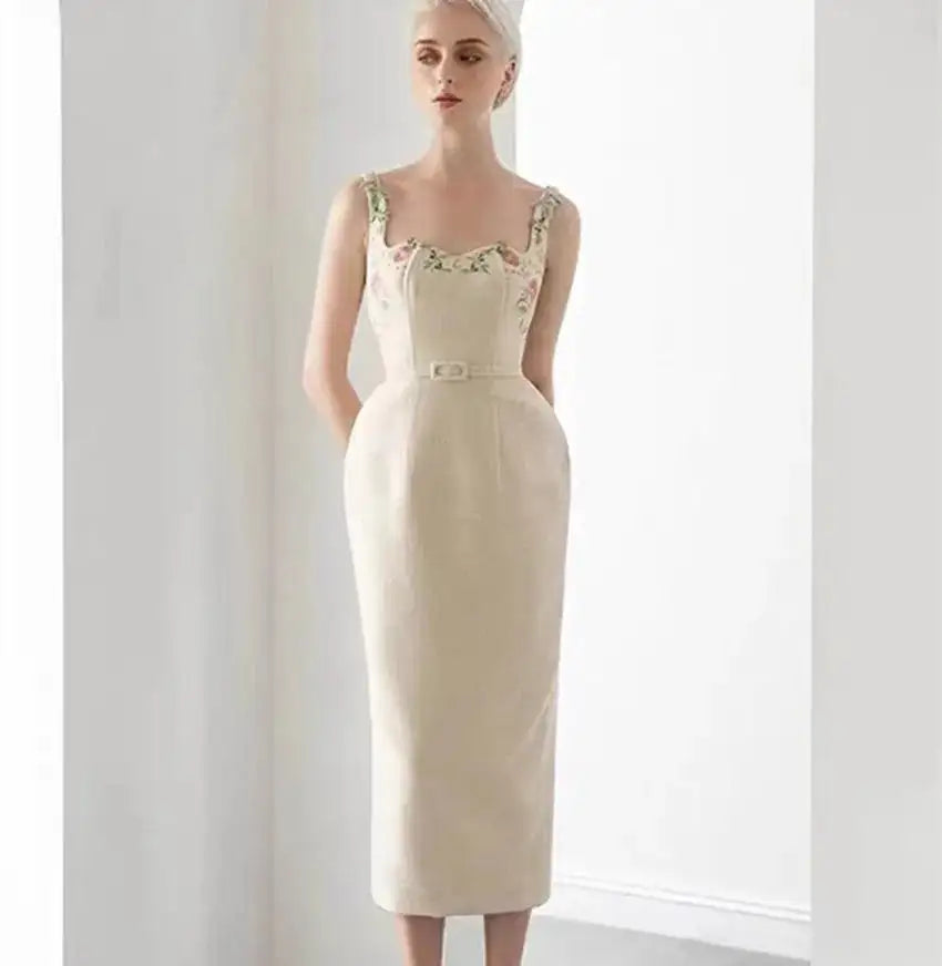 Runway Autumu Spaghetti Strap Bodycon Long Dress Sexy Women's Square Collar Embroidery Flower Sleeveless Tank Party Belt Dresses Lootquake LLC  Techno geeks