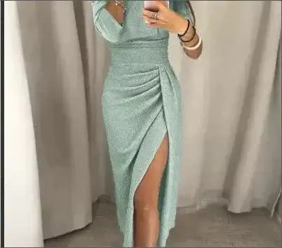 Slit Slash-neck Dress Women Sparkling Slim Long Dress Summer Korean Fashion Dinner Dress Bodycon Solid  Women Dresses Vestidos Lootquake LLC  Techno geeks