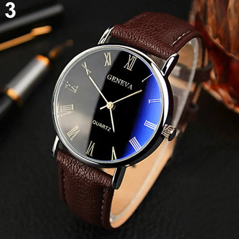 Men Watch Roman Numerals Blu-Ray Faux Leather Band Quartz Analog Business WristWatch 2022 Lootquake LLC  Techno geeks