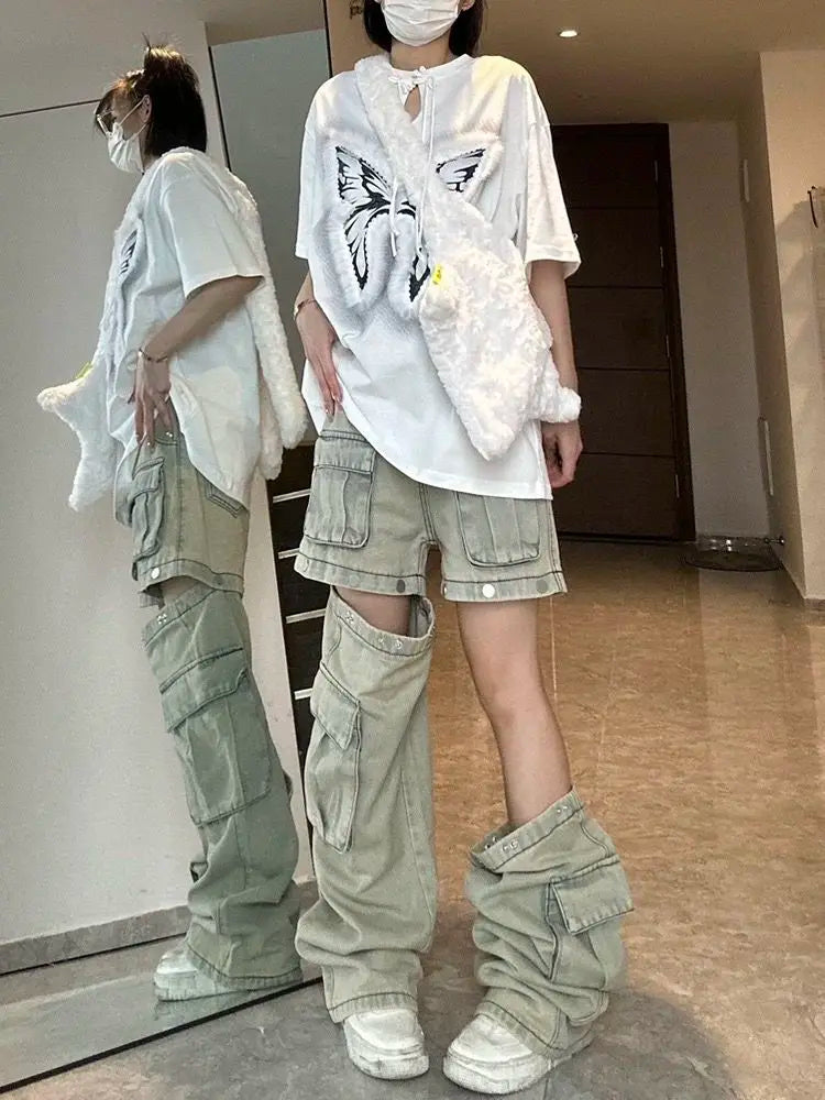 American New Detachable Design Sense Tooling Jeans Female Y2K Fashion Gothic Retro High Street Straight Small Vibe Waisted Pants Lootquake LLC  Techno geeks