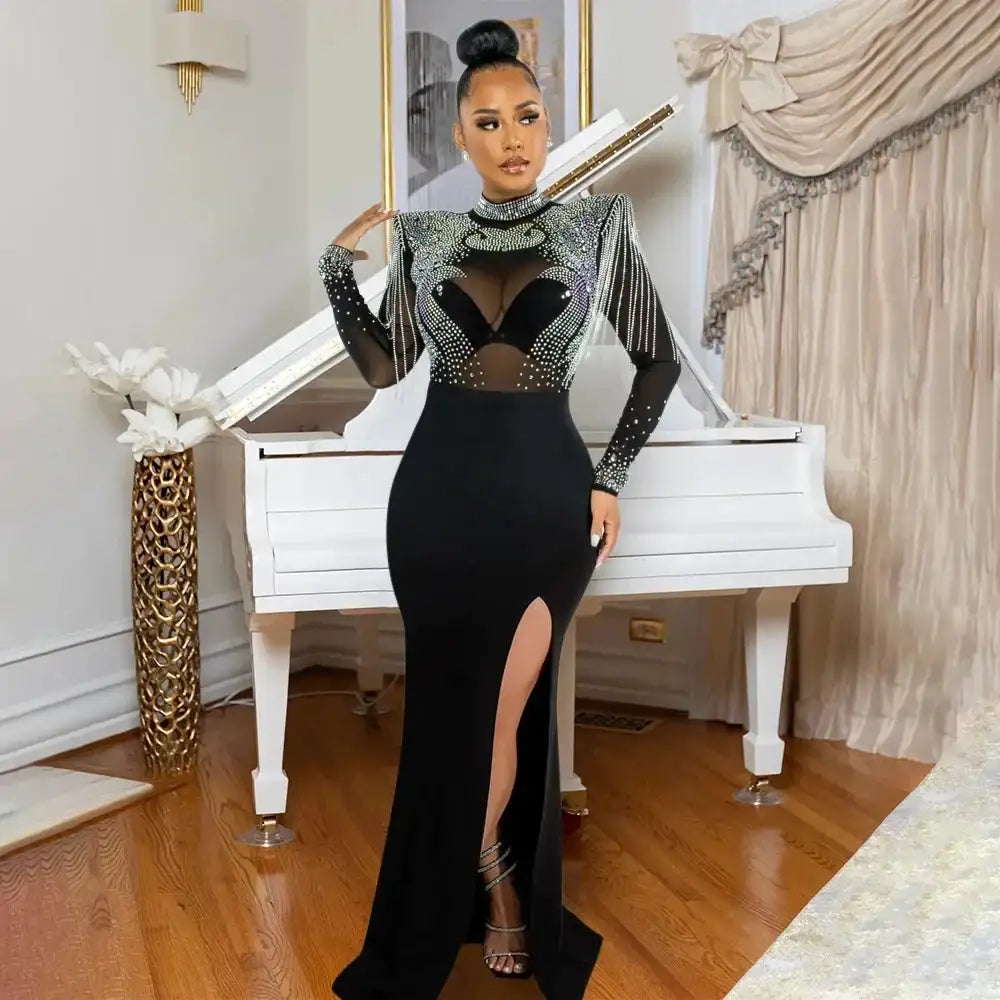 CM.YAYA Women Mesh See Through Long Sleeve Diamonds Hot Rhinestones Mermaid Long Dress Fall Evening Sexy Party Dresses Vestidos Lootquake LLC  Techno geeks