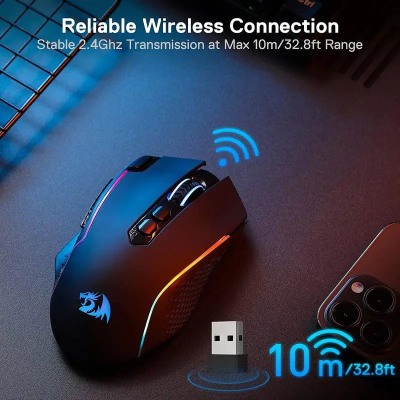 Redragon M810 Pro Wireless Gaming Mouse, 10000 DPI Wired Gamer Mouse w/ Rapid Fire Key, 8 Macro Buttons, Black/White Mouse Lootquake LLC  Techno geeks