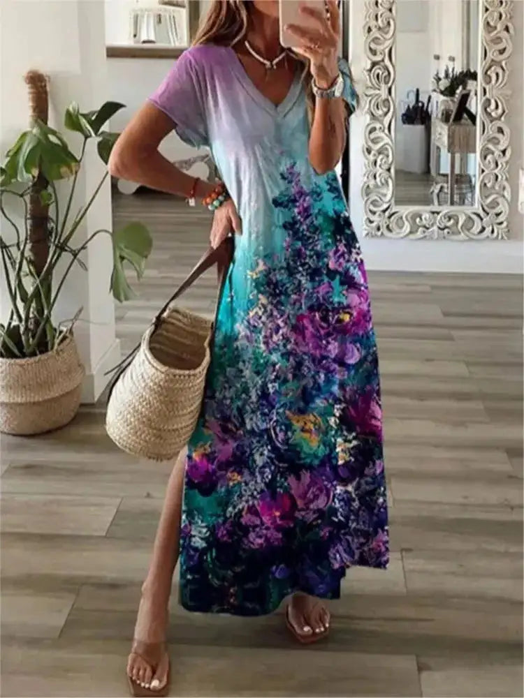 2024 Vintage Floral Elegant Maxi Dress For Women Summer Fashion V Neck Short Sleeve Split Boho Long Dress Party Beach Dresses Lootquake LLC  Techno geeks
