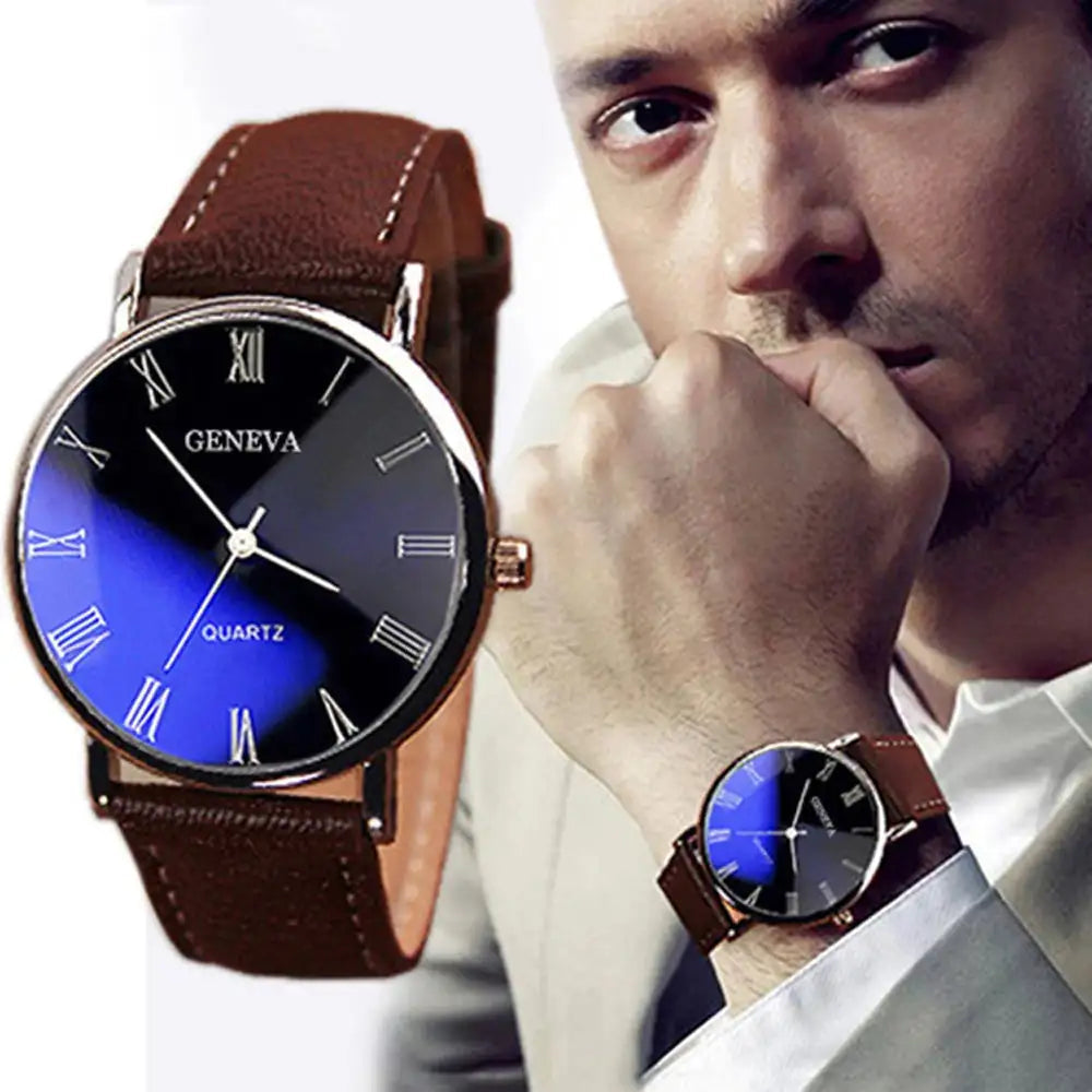 Men Watch Roman Numerals Blu-Ray Faux Leather Band Quartz Analog Business WristWatch 2022 Lootquake LLC  Techno geeks