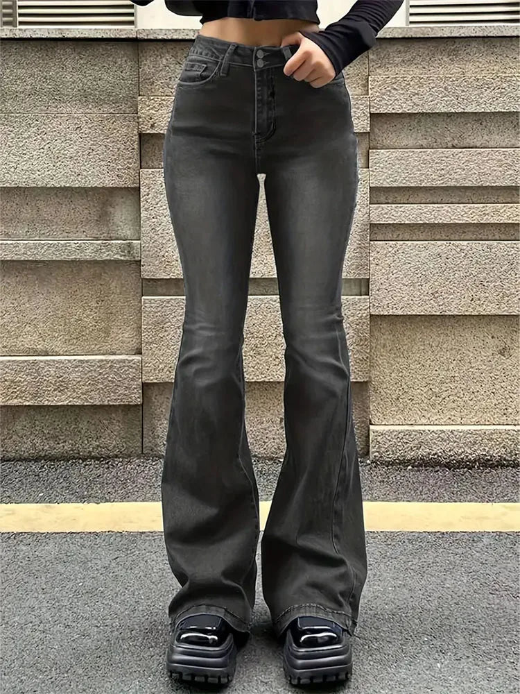 Women Flare Stretch Moustache Jeans Fashion Skinny Bell Bottom High Waist Gray Denim Pants Lady Classic Y2K Punk Long Trousers Lootquake LLC  Techno geeks