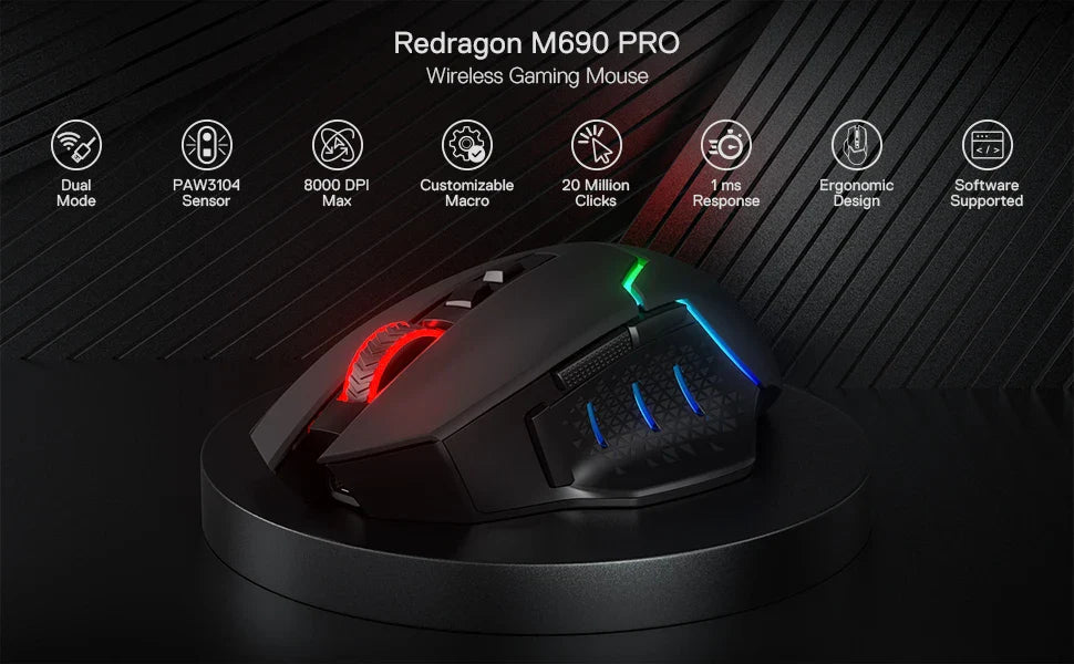 Redragon M690 PRO Wireless Gaming Mouse 8000 DPI Wired Mouse Rapid Fire Key 8 Macro Buttons for PC/Mac/Laptop, Black/White Mouse Lootquake LLC  Techno geeks