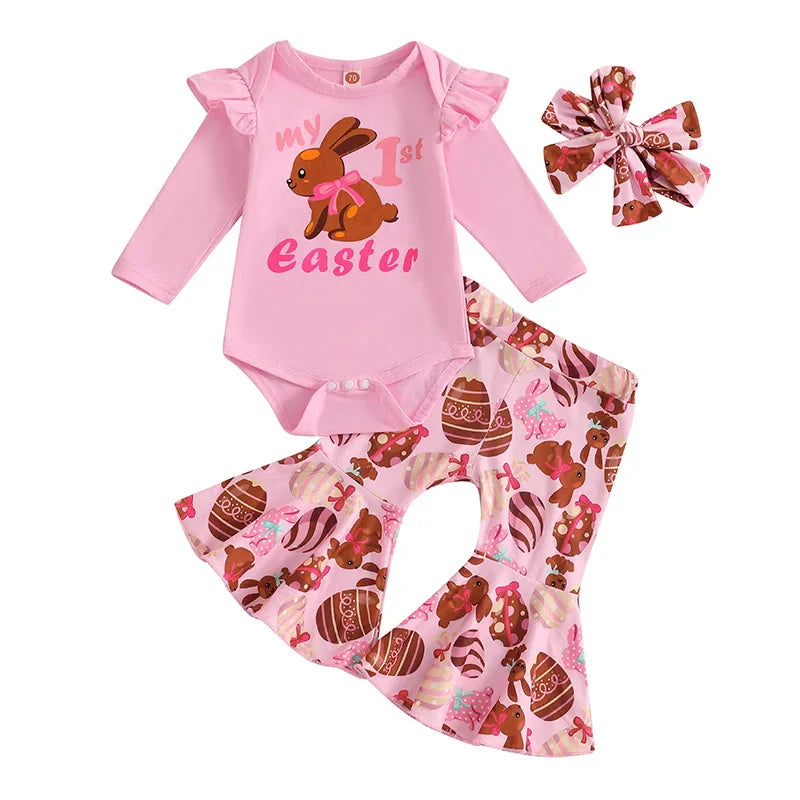 0-18M Infant Baby Girls Easter Outfits Long Sleeve Romper with Bunny Pattern Flare Pants and Headband 3 Pcs Set for Newborn Lootquake LLC  Techno geeks