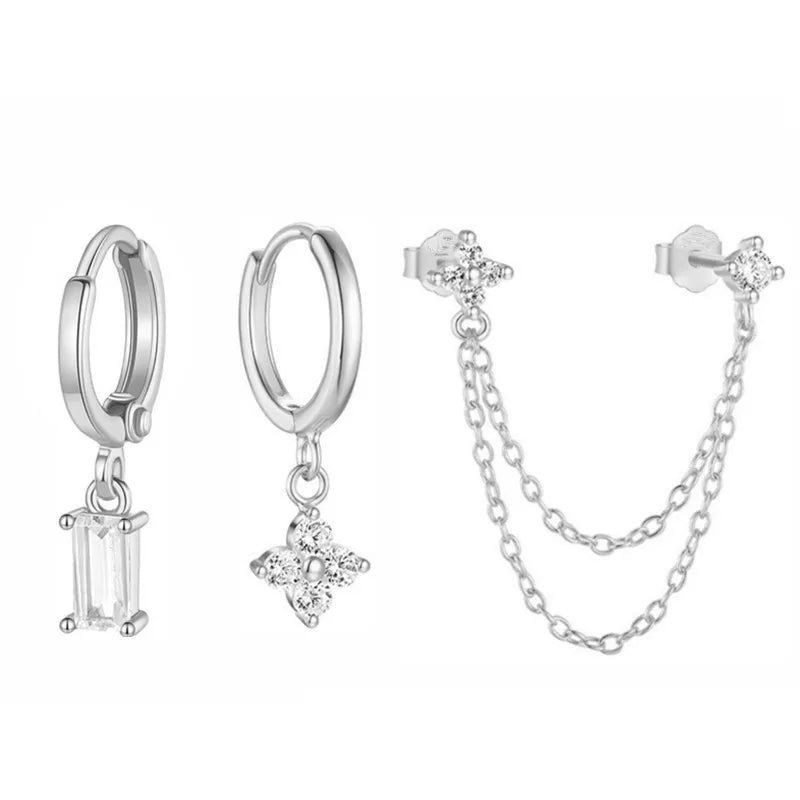 3PCS New Fashion Four Zircon Flower Hoop Earring Set For Women Stainless Steel Double Stud Chain Tassel Huggie Piercing Jewelry Lootquake LLC  Techno geeks