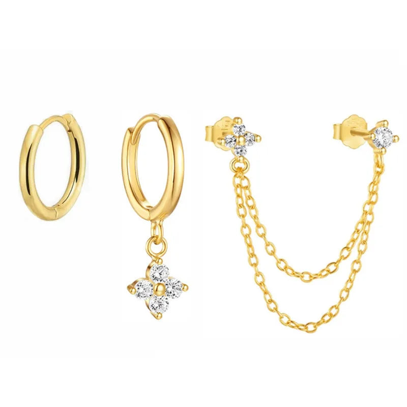 3PCS New Fashion Four Zircon Flower Hoop Earring Set For Women Stainless Steel Double Stud Chain Tassel Huggie Piercing Jewelry Lootquake LLC  Techno geeks