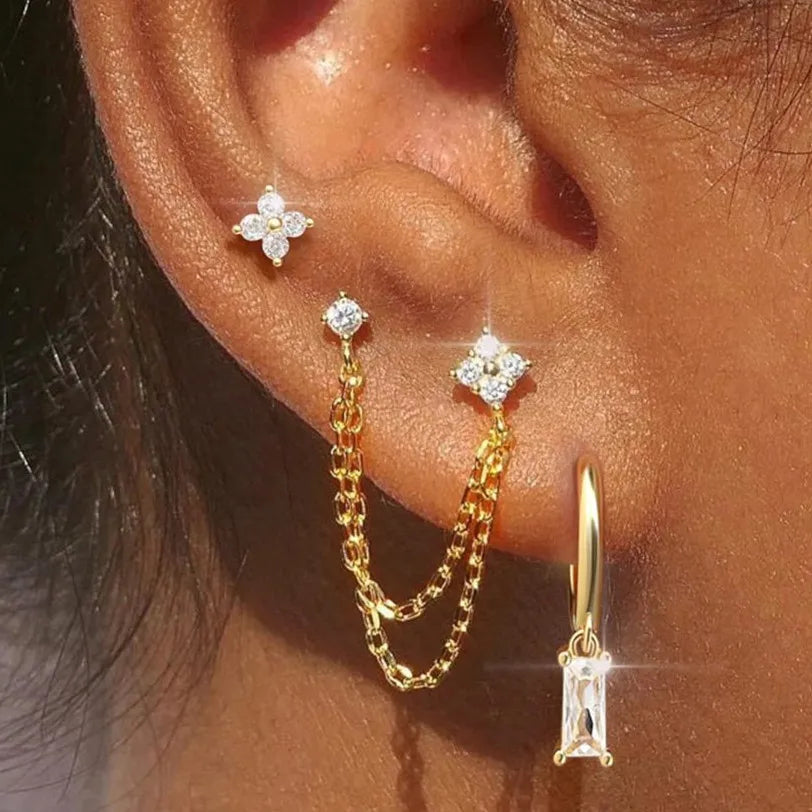 3PCS New Fashion Four Zircon Flower Hoop Earring Set For Women Stainless Steel Double Stud Chain Tassel Huggie Piercing Jewelry Lootquake LLC  Techno geeks