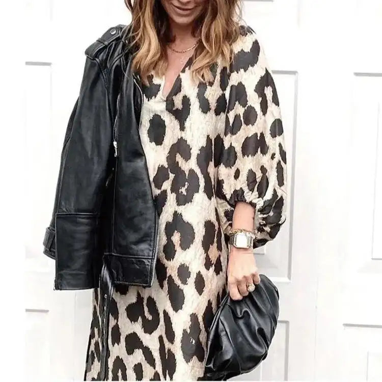 Autumn Women's Long Leopard Print Dress New Long V-neck Loose Lantern Sleeve Leopard Print Dress Long Dress Lootquake LLC  Techno geeks