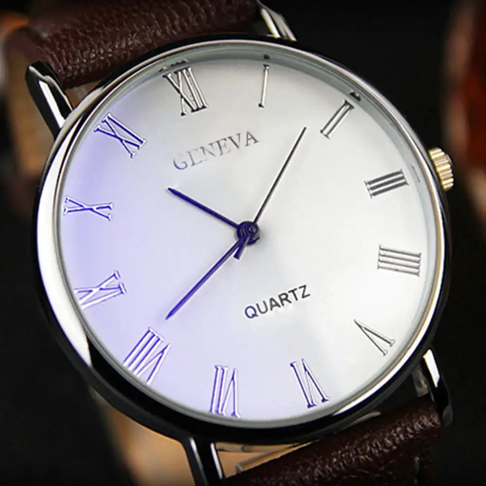 Men Watch Roman Numerals Blu-Ray Faux Leather Band Quartz Analog Business WristWatch 2022 Lootquake LLC  Techno geeks