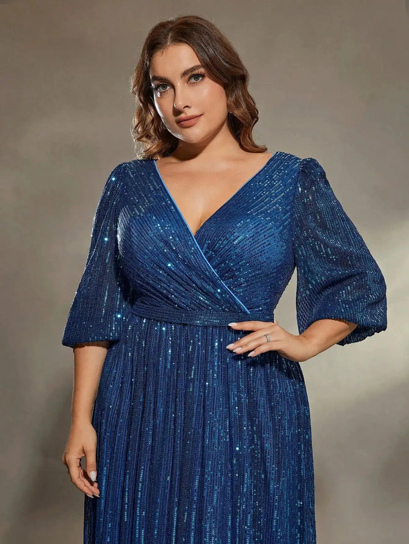 Mgiacy plus size V-neck bust pleated mid-long sleeve A-frame sequin long dress Evening gown PROM dress Party dress Lootquake LLC  Techno geeks