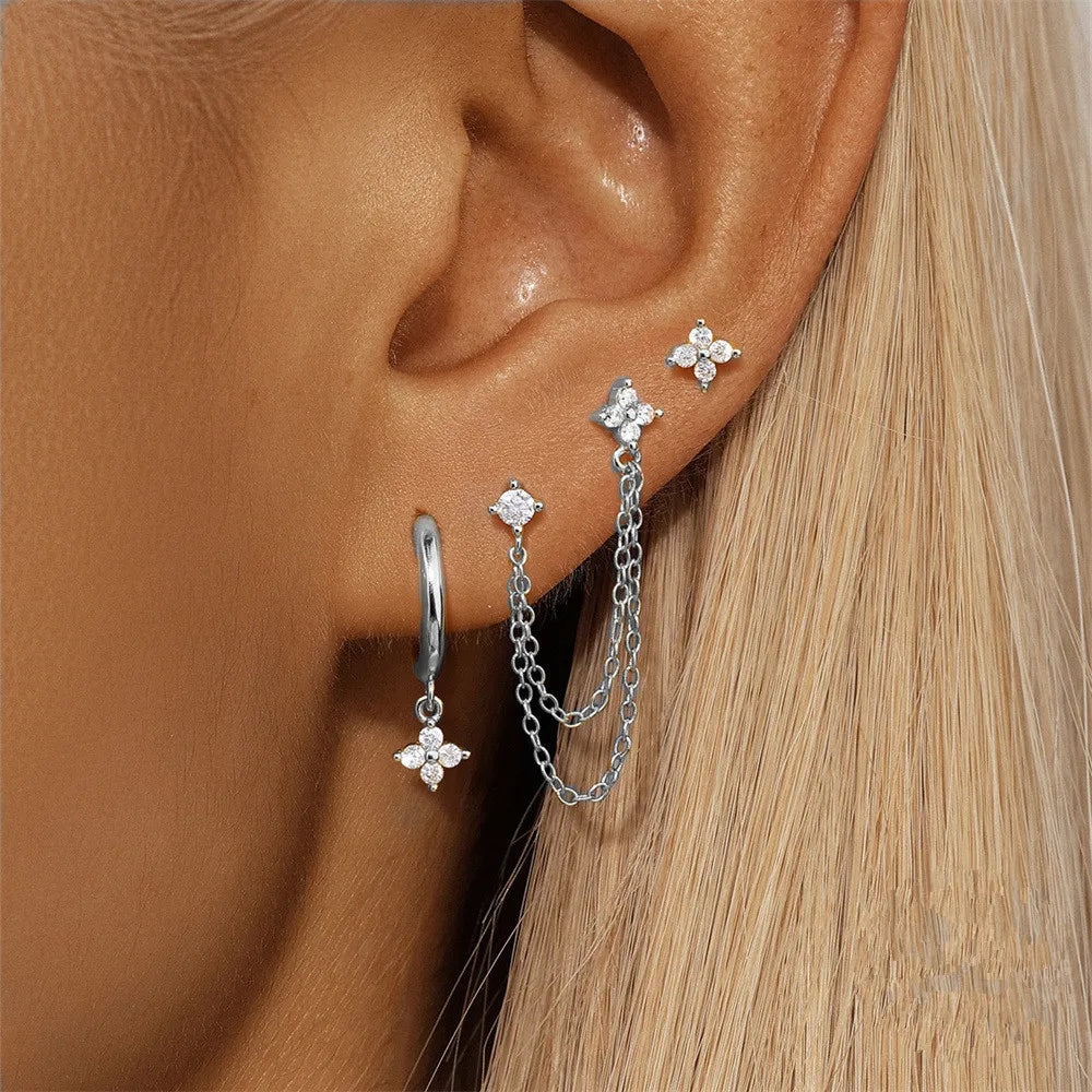 3PCS New Fashion Four Zircon Flower Hoop Earring Set For Women Stainless Steel Double Stud Chain Tassel Huggie Piercing Jewelry Lootquake LLC  Techno geeks