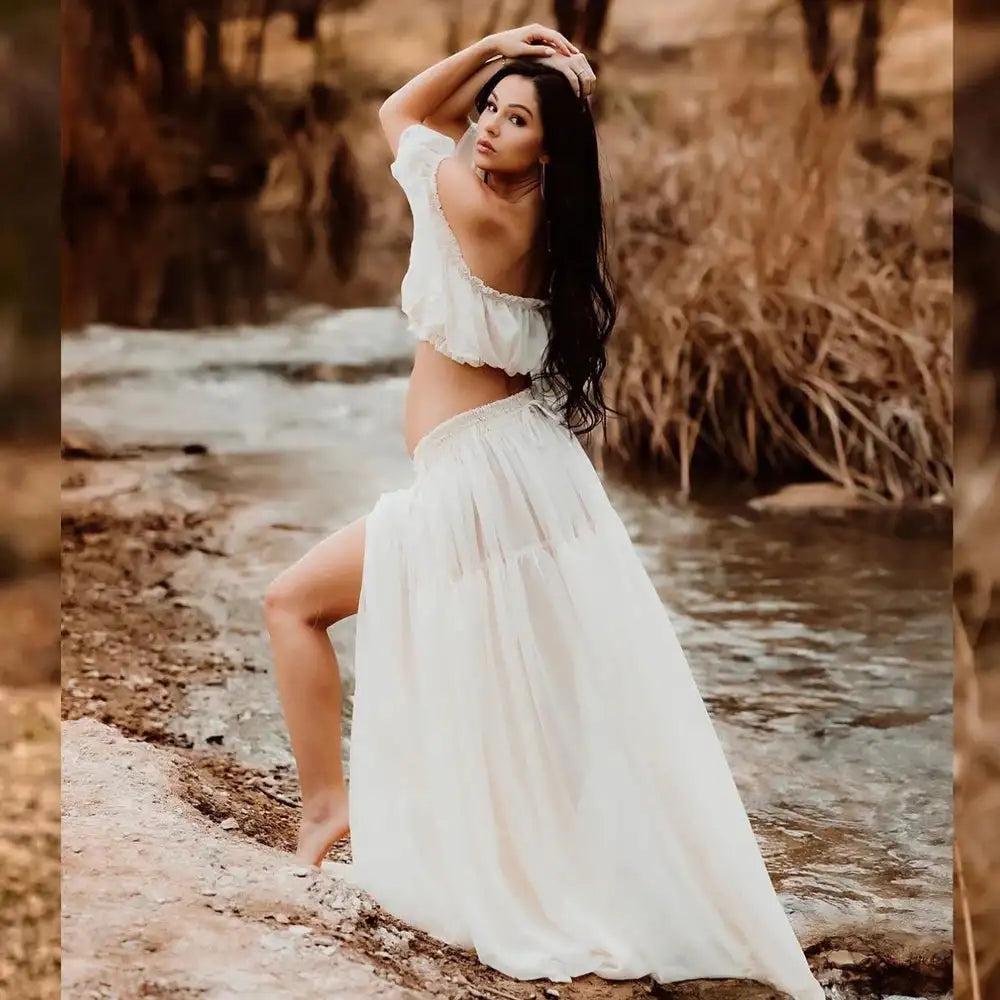 Maternity Dress For Photoshoot Pregnancy Off Shoulder Ruffled Semi Transparent Chiffon Long Dress Photography Dress For Women Lootquake LLC  Techno geeks