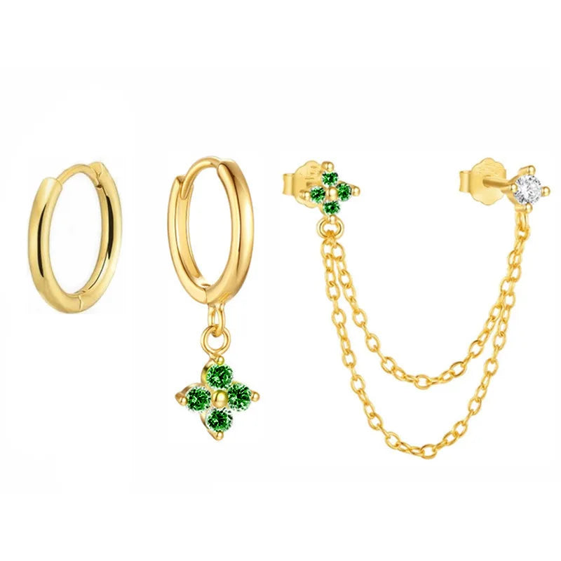 3PCS New Fashion Four Zircon Flower Hoop Earring Set For Women Stainless Steel Double Stud Chain Tassel Huggie Piercing Jewelry Lootquake LLC  Techno geeks