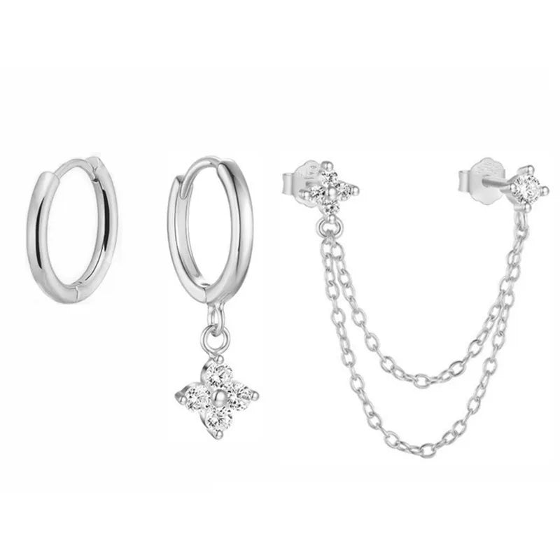 3PCS New Fashion Four Zircon Flower Hoop Earring Set For Women Stainless Steel Double Stud Chain Tassel Huggie Piercing Jewelry Lootquake LLC  Techno geeks