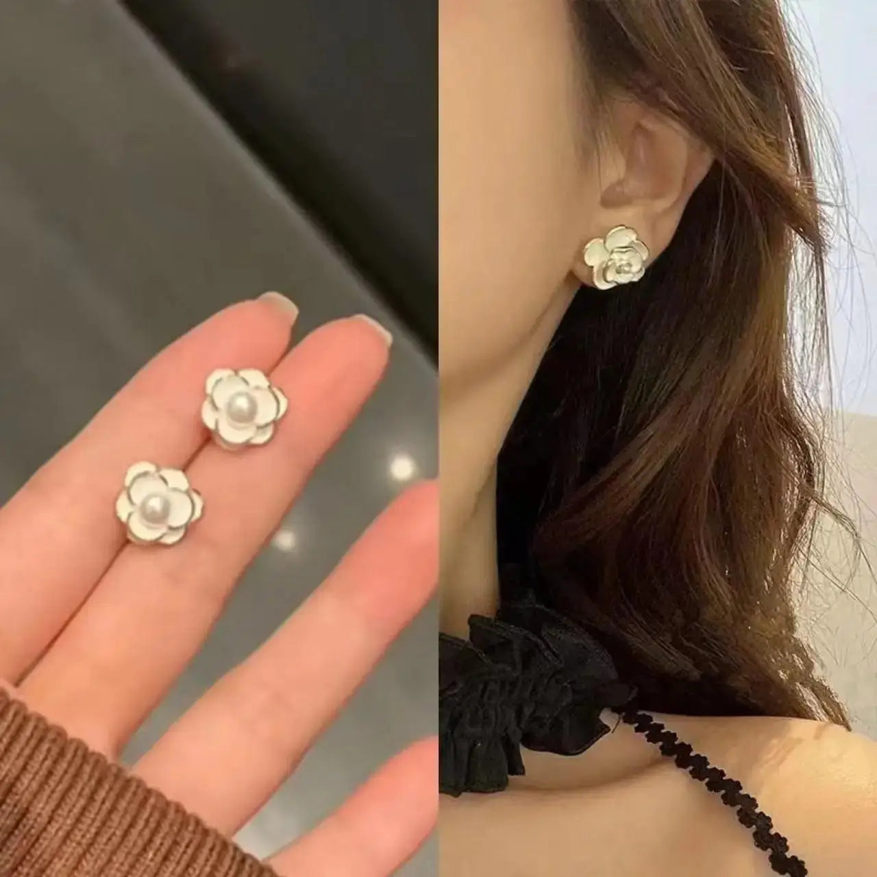 925 Silver Needle Korean Fashion Camellia Flower Earrings For Women Jewelry 2025 Trending Women's Black White Stud Earrings Gift Lootquake LLC  Techno geeks