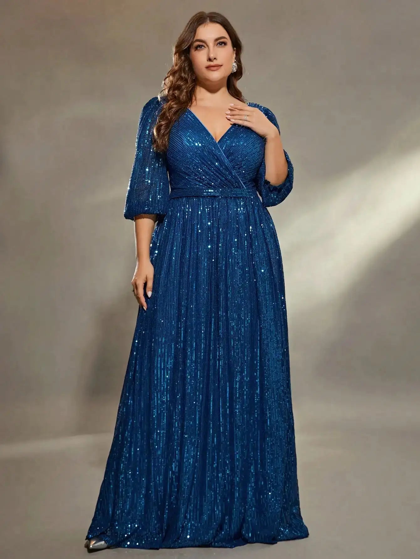 Mgiacy plus size V-neck bust pleated mid-long sleeve A-frame sequin long dress Evening gown PROM dress Party dress Lootquake LLC  Techno geeks