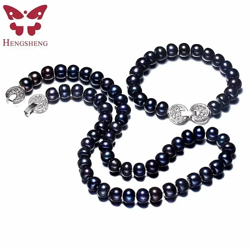 Women Natural Black Freshwater Pearl Jewelry Sets,925 Sterling Silver Necklace&Bracelet,9-10mm Beads Jewelry,Life Tree Buckle Lootquake LLC  Techno geeks